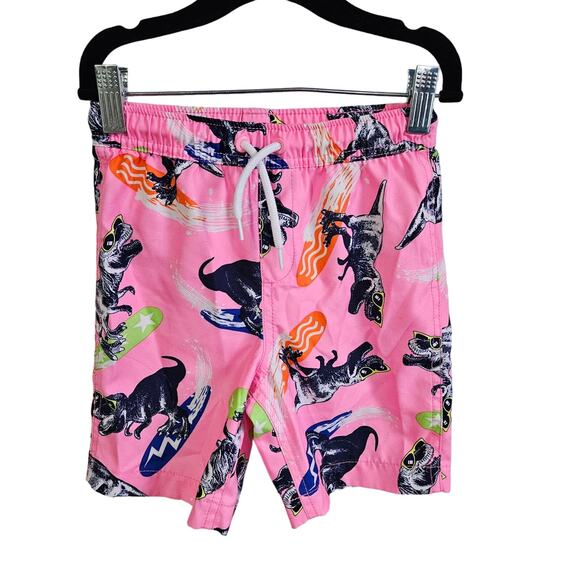 Land's End Boys Size xs Swim Trunks Pink Surfing Dinosaur Swimsuit Shorts Lined - Picture 1 of 7